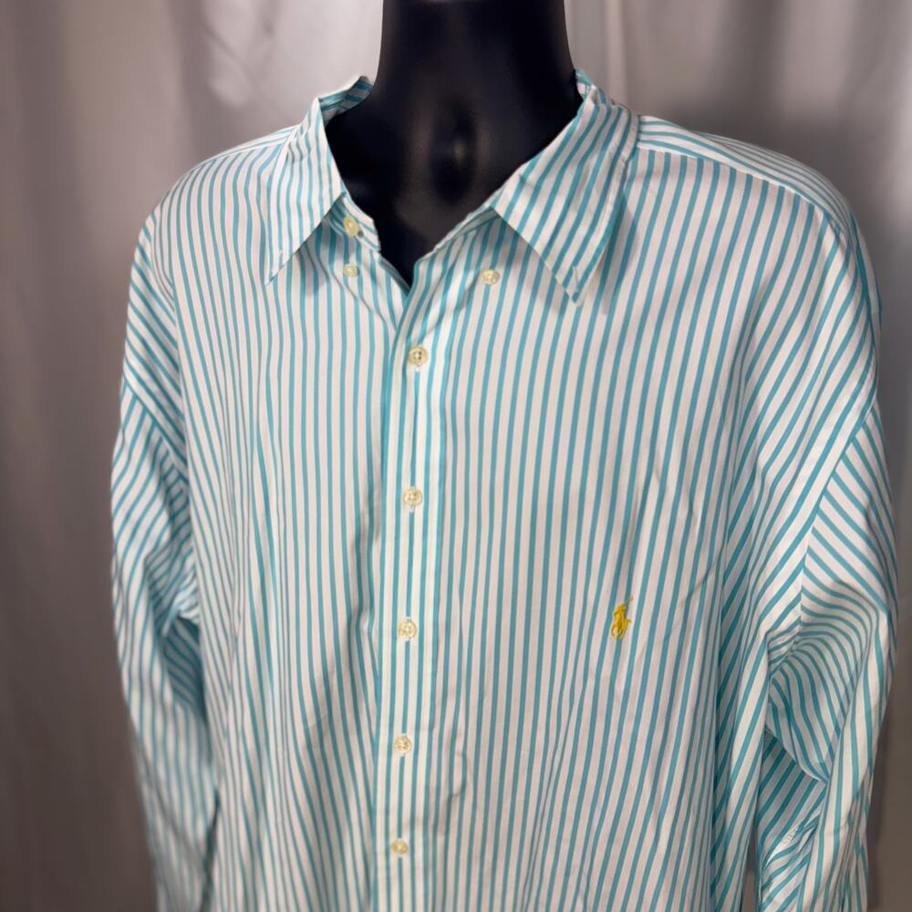 Ralph Lauren Men's 3XLT Tall Striped Button Down Shirt Turquoise White Cotton - Picture 3 of 16